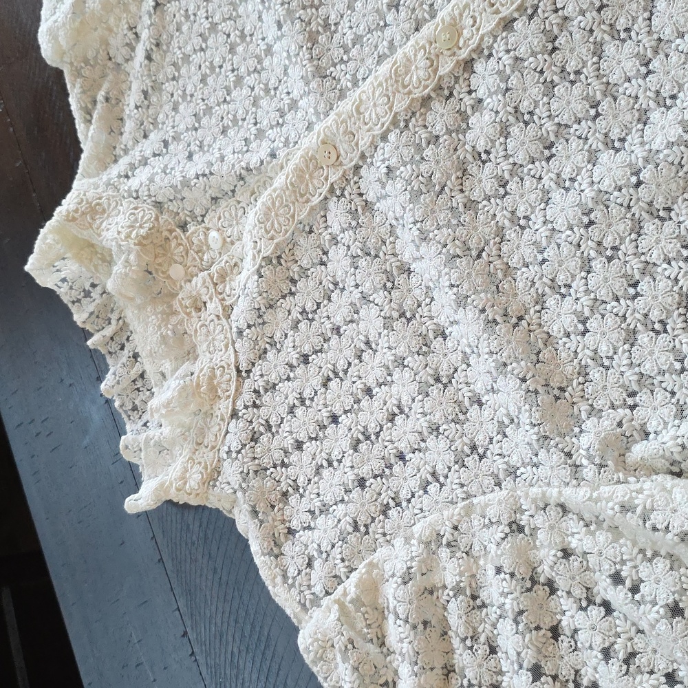 Sezane Cathy Ecru Lace Blouse Ruffle Stand Collar Cream Long Sleeve Button Down - Picture 7 of 11
